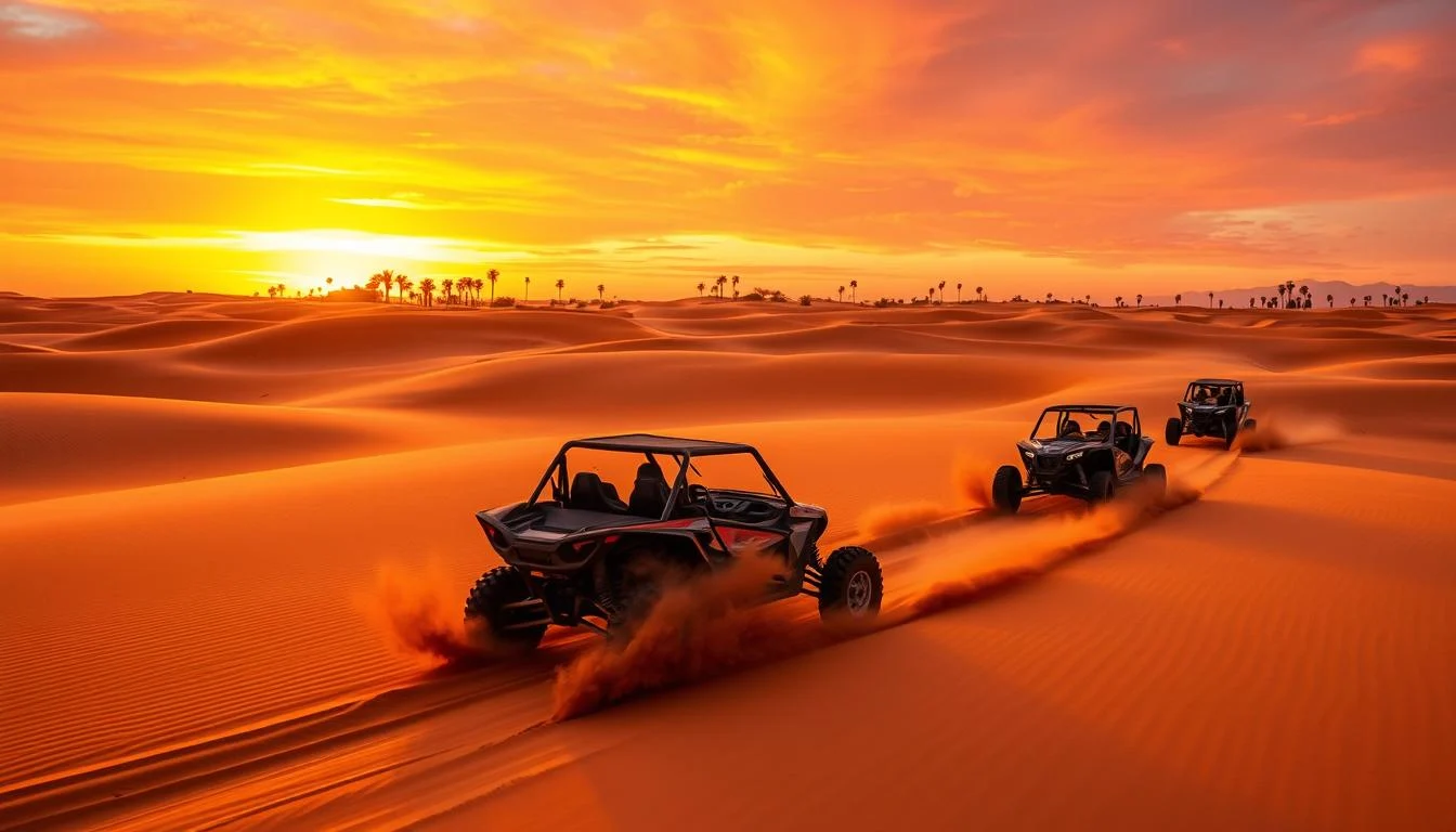Three buggies racing across red sand dunes under a fiery sunset sky on a Dubai buggy tour