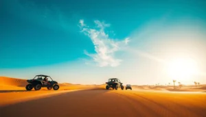 Three buggies driving across desert dunes under a blue sky with bright sun, a Dubai buggy tour scene