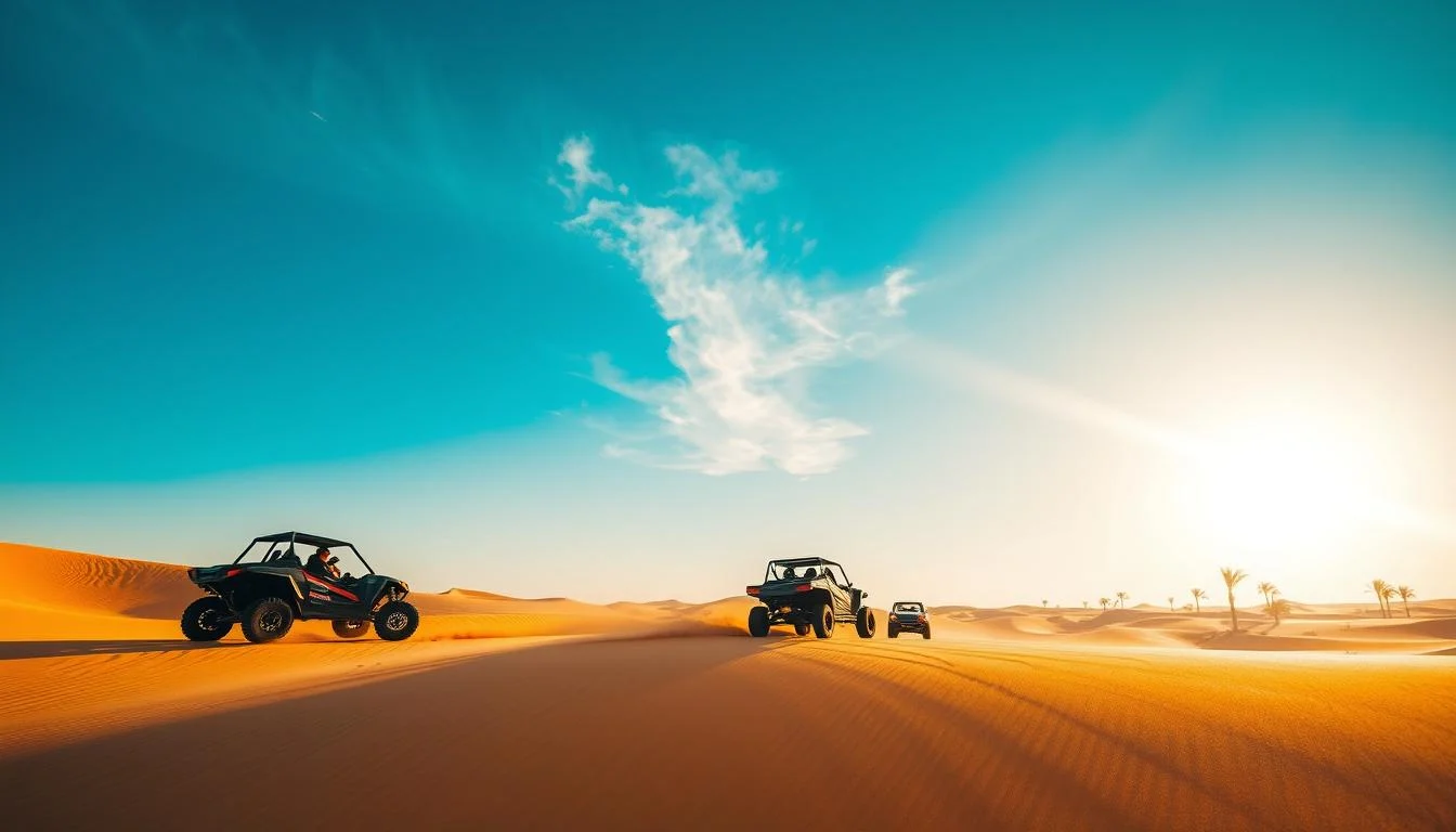 Three buggies driving across desert dunes under a blue sky with bright sun, a Dubai buggy tour scene