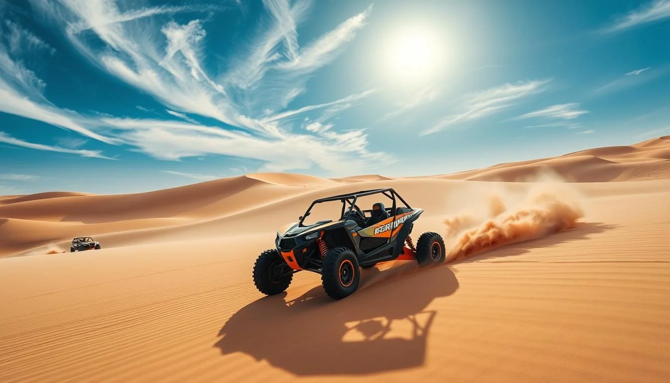 Tourists driving dune buggies through the vast, red sand dunes of Dubai's desert under a clear sky