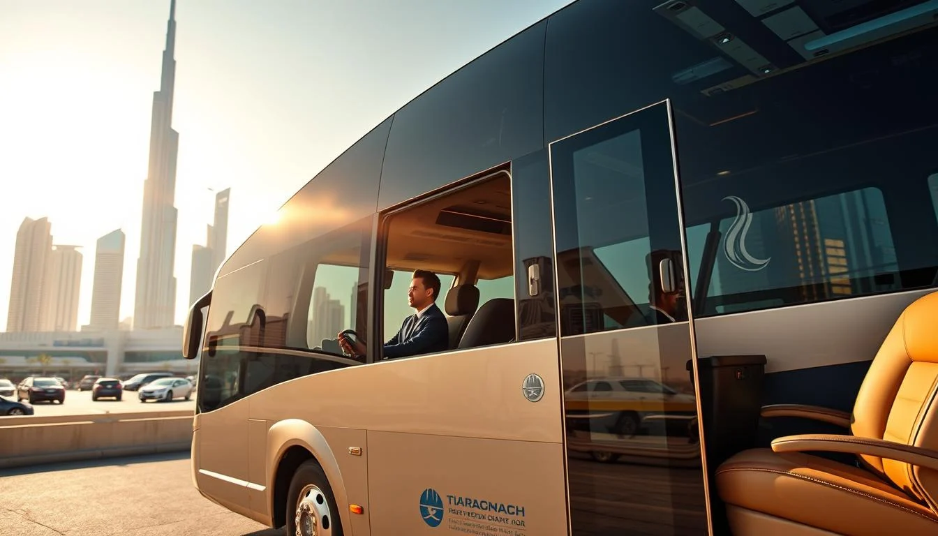 Luxury bus driving on Sheikh Zayed Road in Dubai with the city skyline in the background at sunset