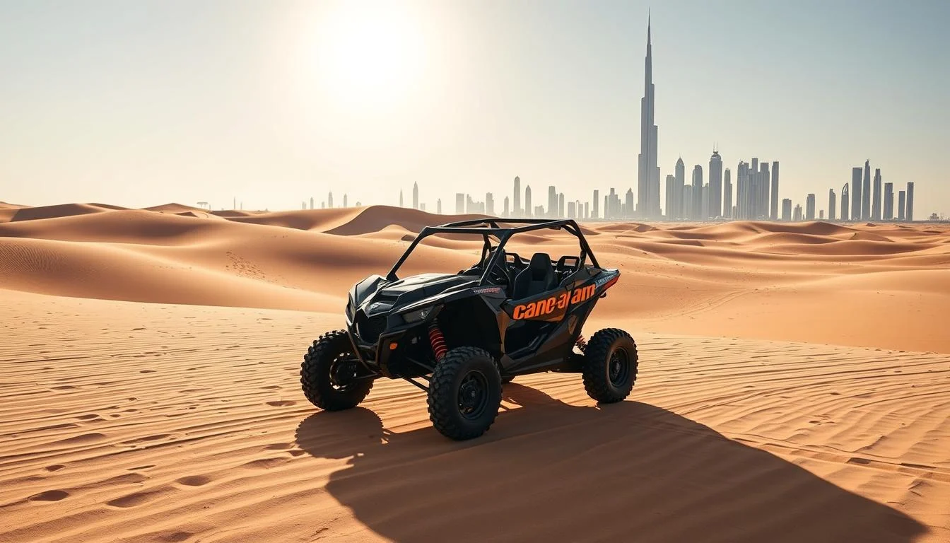 Can-Am Maverick X3 dune buggy navigating a challenging red sand dune in the Dubai desert under a clear blue sky
