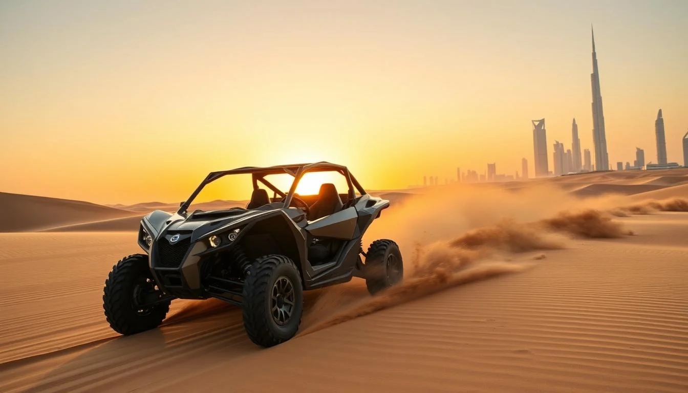 Tourists riding Can-Am Maverick dune buggies across the vast, sun-kissed red dunes of the Dubai desert at sunset