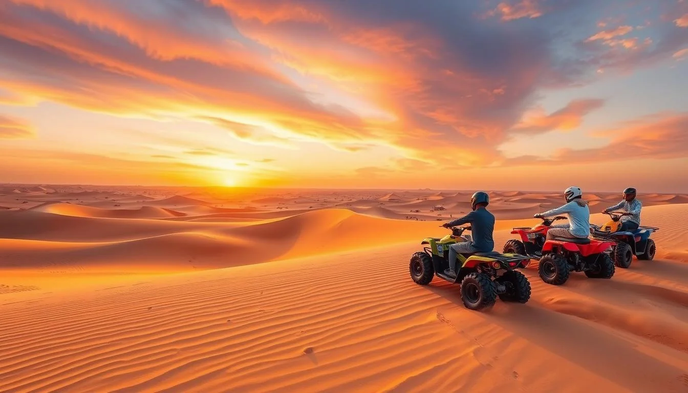 Tourists riding quad bikes across the golden dunes of Dubai's Lahbab desert at sunset, enjoying an adventurous and scenic experience