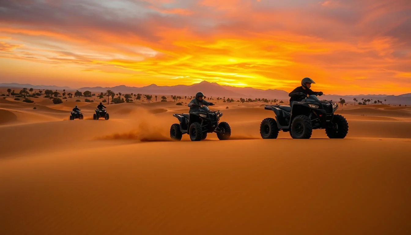 Tourists riding ATVs across the vast, red Arabian desert dunes in Dubai under a clear sky, enjoying an adventurous off-road journey