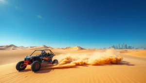 Desert buggy racing across Dubai dunes and throwing up a trail of sand, with a city skyline on the horizon