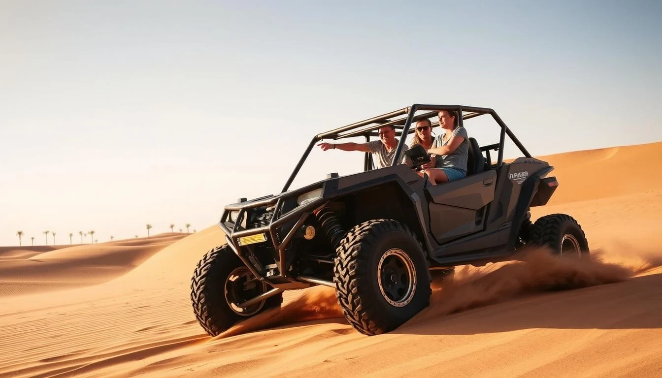 Tourists driving powerful dune buggies across the vast, red Arabian desert dunes under a clear blue sky in Dubai