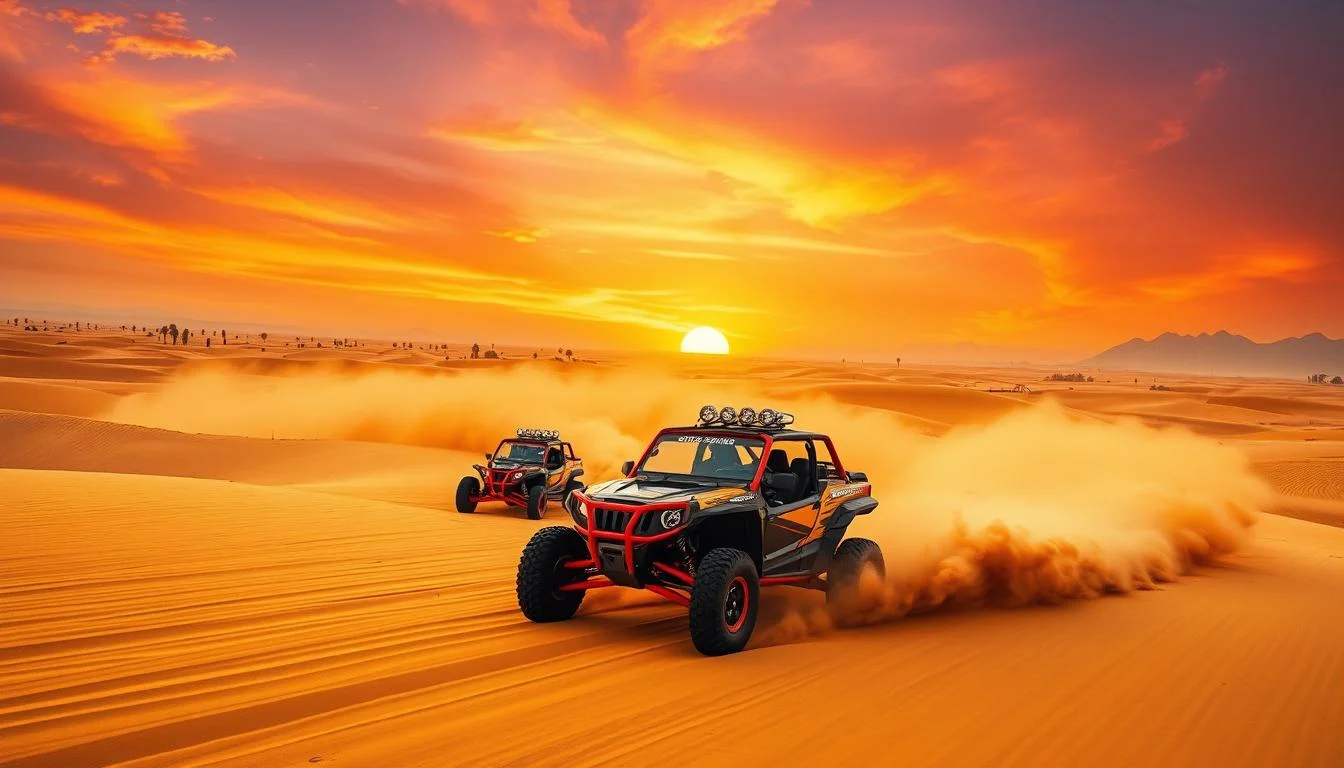 Tourists driving dune buggies across golden sand dunes in Dubai during a thrilling desert adventure