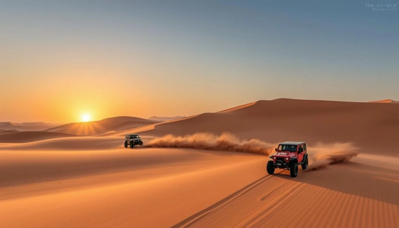 Tourists driving desert buggies across the vast golden sands of Dubai's desert at sunset, kicking up sand as they speed along.