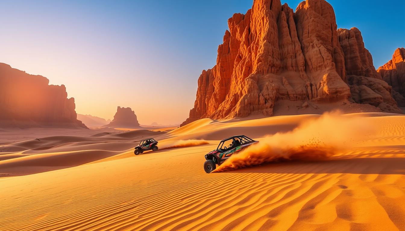 Tourists driving dune buggies across the vast, golden desert dunes of Dubai under a clear blue sky