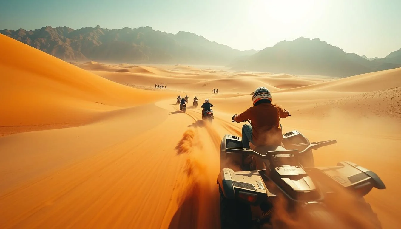 Tourists riding quad bikes across the vast, red dunes of the Dubai desert under a clear sky, kicking up sand