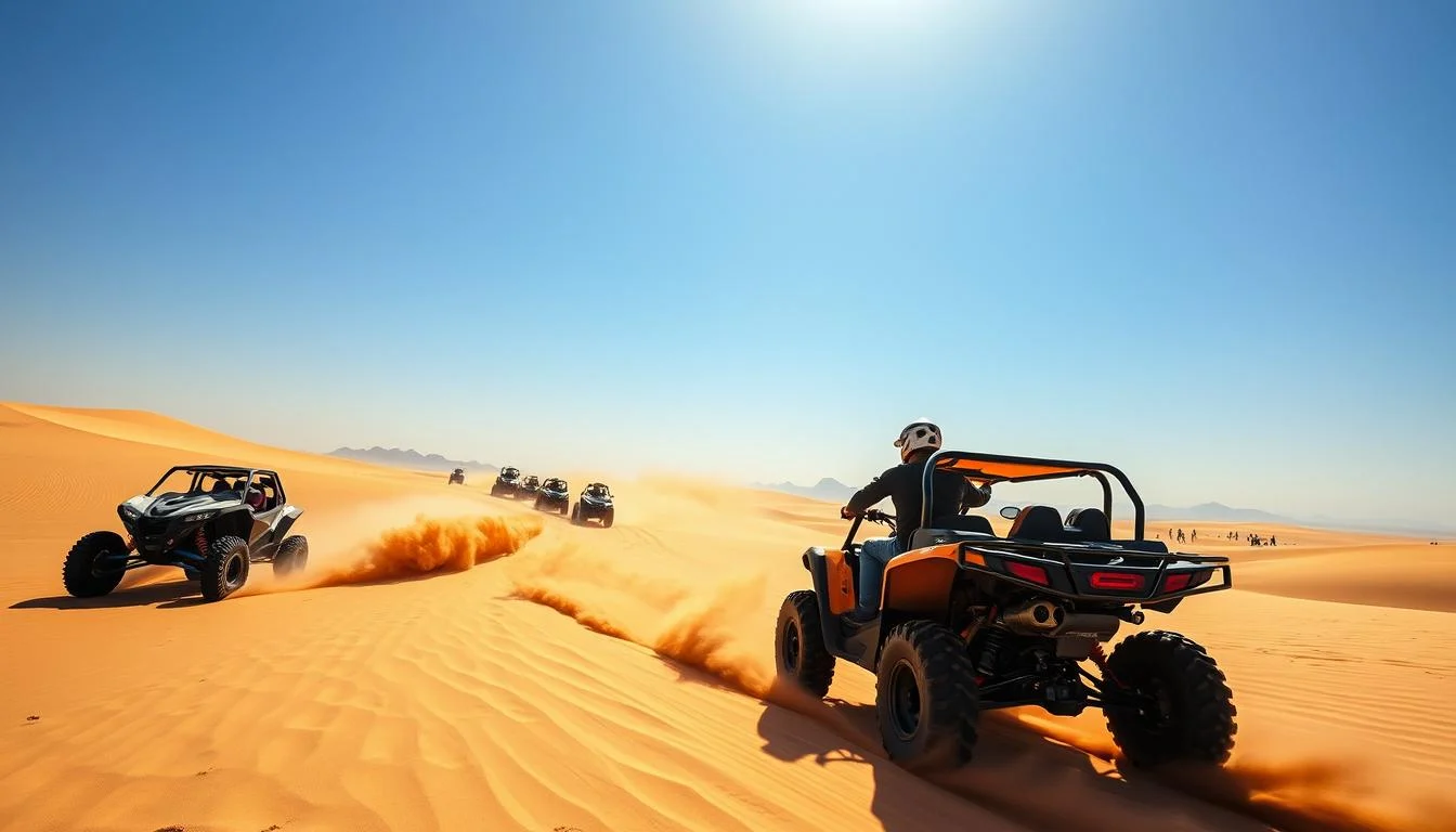 Tourists riding quad bikes across red Dubai desert dunes at sunset, with an orange sky in the background