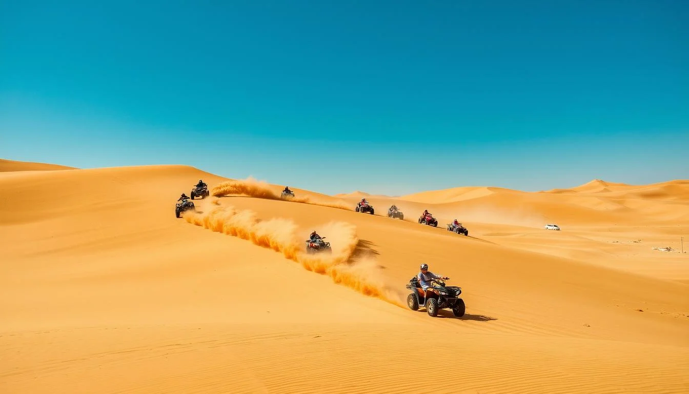 Tourists riding quad bikes across the golden sand dunes of the Dubai desert under a clear sky