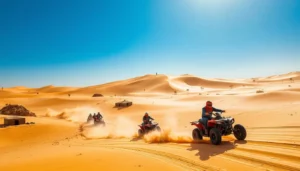 Riders on quad bikes kicking up sand across bright desert dunes on a Dubai desert safari