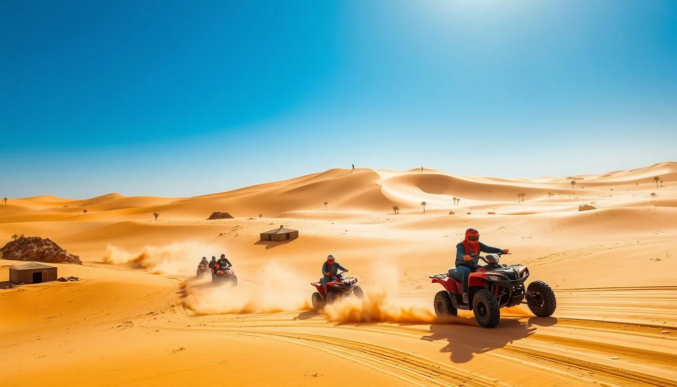 Riders on quad bikes kicking up sand across bright desert dunes on a Dubai desert safari