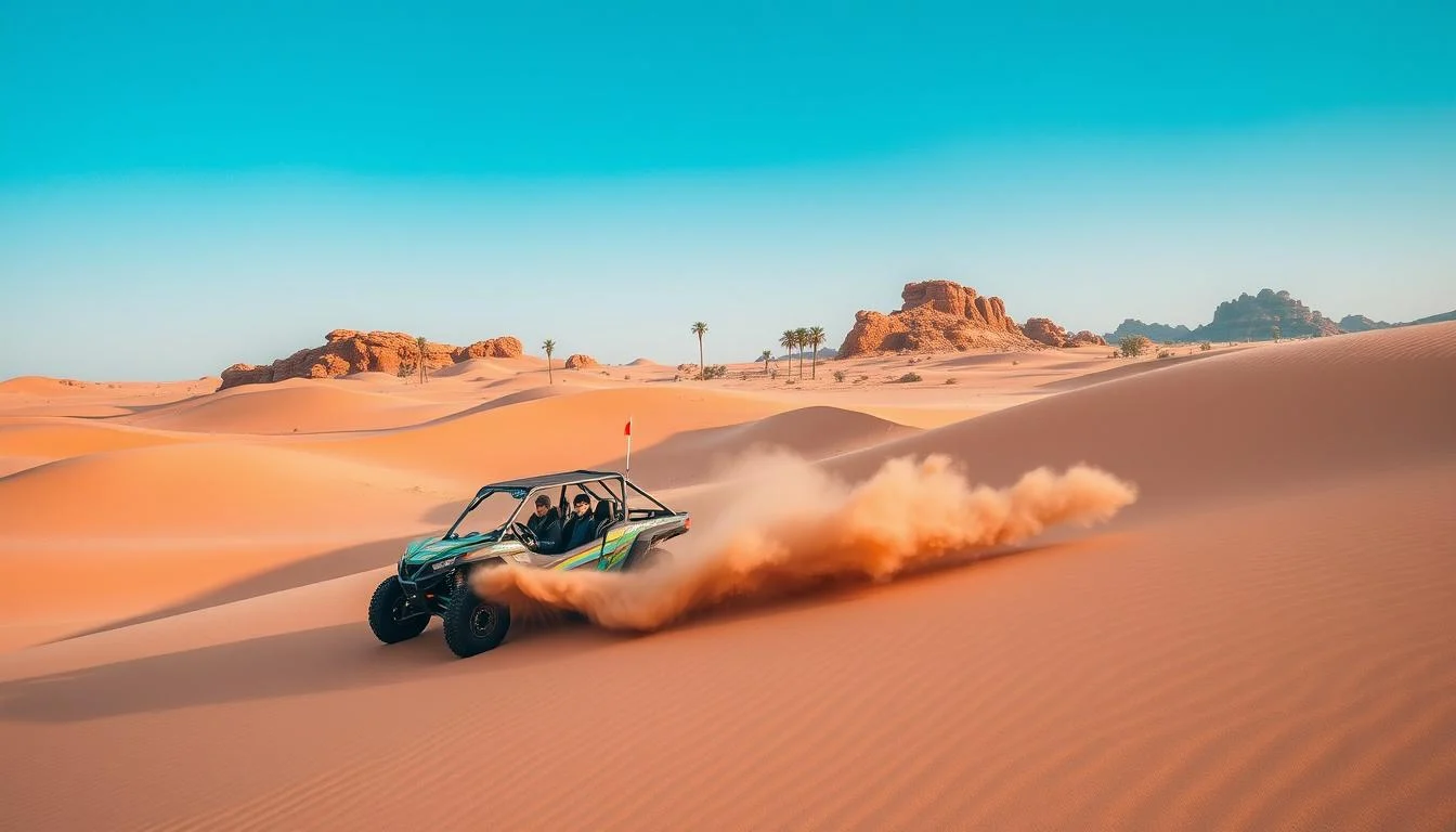 Thrilling desert buggy ride in Dubai as a green buggy kicks up dust across red dunes with rock formations