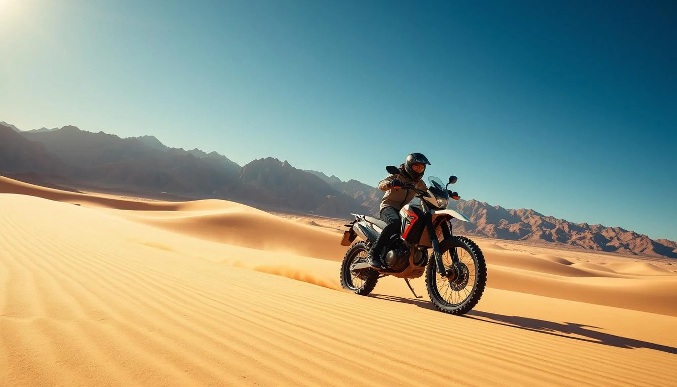 Rider on a dirt bike crossing golden sand dunes with mountains behind on a desert safari bike tour
