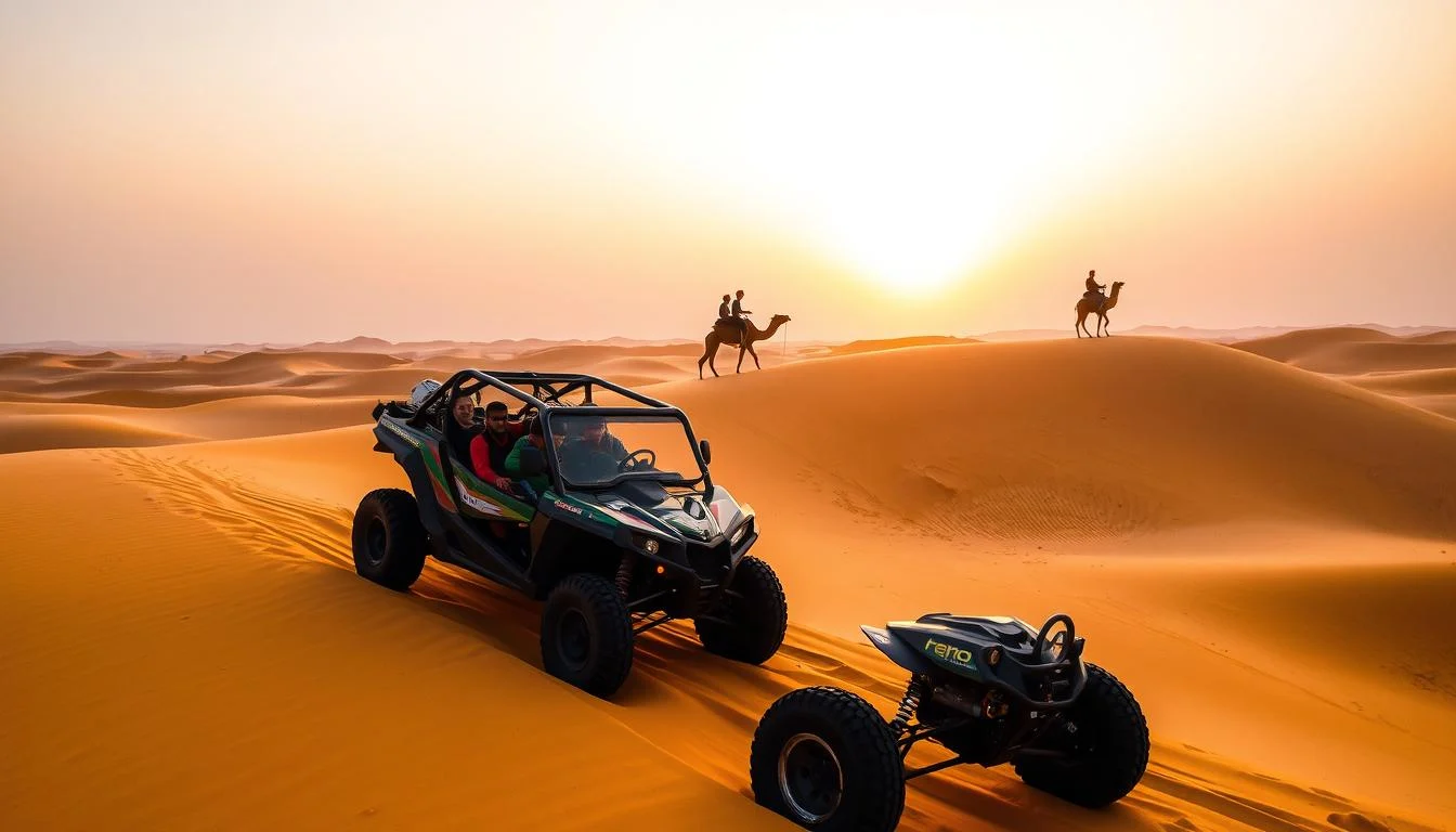 Tourists riding dune buggies across the golden dunes of the Arabian Desert at sunset, with vibrant orange and purple skies