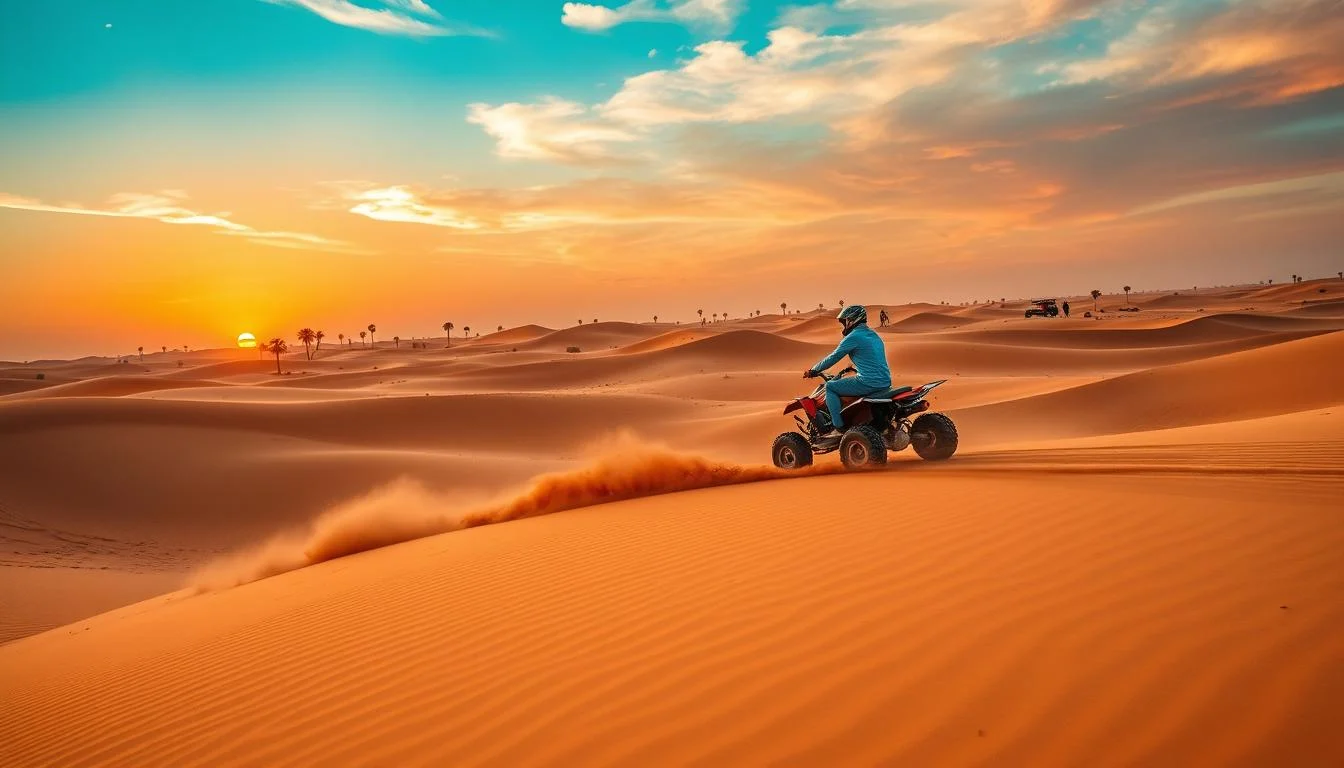 Tourists riding quad bikes across golden Dubai desert dunes at sunset, enjoying an adventurous safari experience