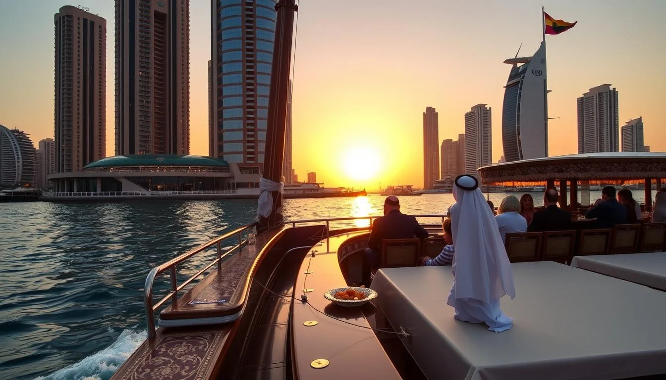 Luxurious dhow cruise sailing through Dubai Creek at sunset, with city skyline in the background and traditional Arabian architecture