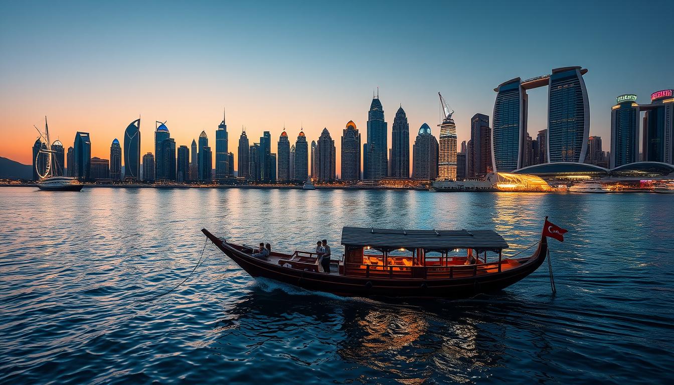 A traditional wooden dhow boat sailing through the modern Dubai Marina at sunset, with illuminated skyscrapers in the background