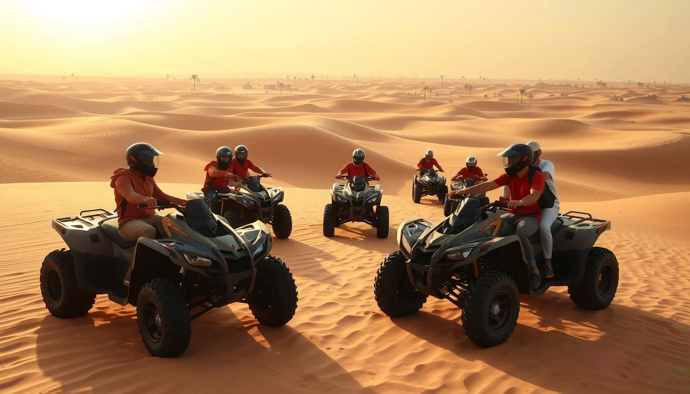 Tourists riding ATVs across the vast desert landscapes of Dubai, experiencing an unforgettable off-road adventure
