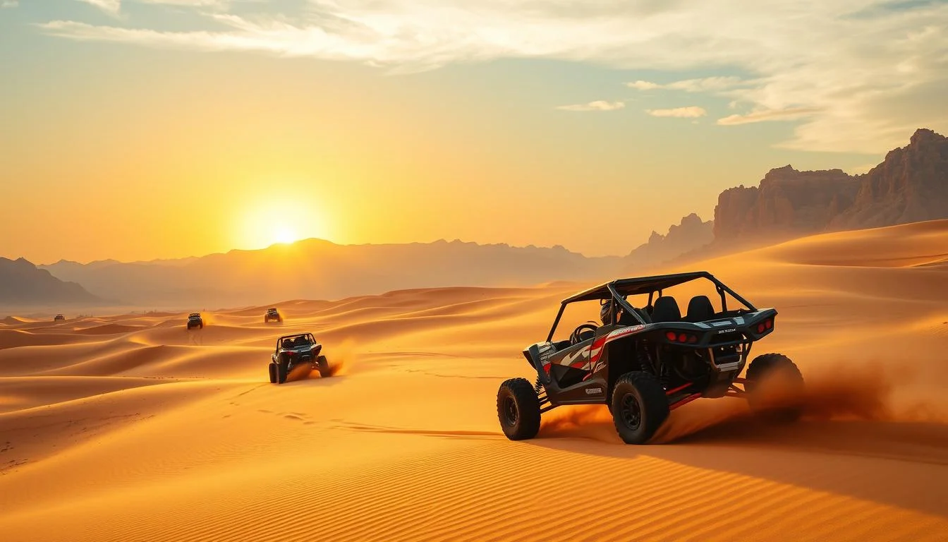 Tourists driving powerful dune buggies across the golden sands of the Dubai desert under a clear blue sky