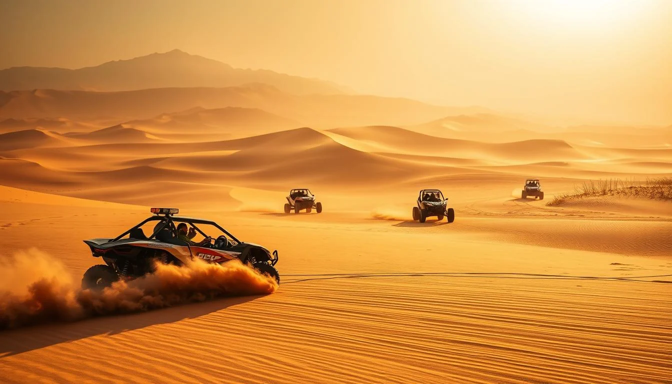 Tourists riding dune buggies across the vast, sandy Dubai desert landscape under a clear sky during a thrilling safari adventure
