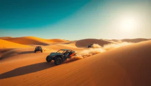 Dune buggies speeding across desert dunes and kicking up sand on a Dubai buggy tour