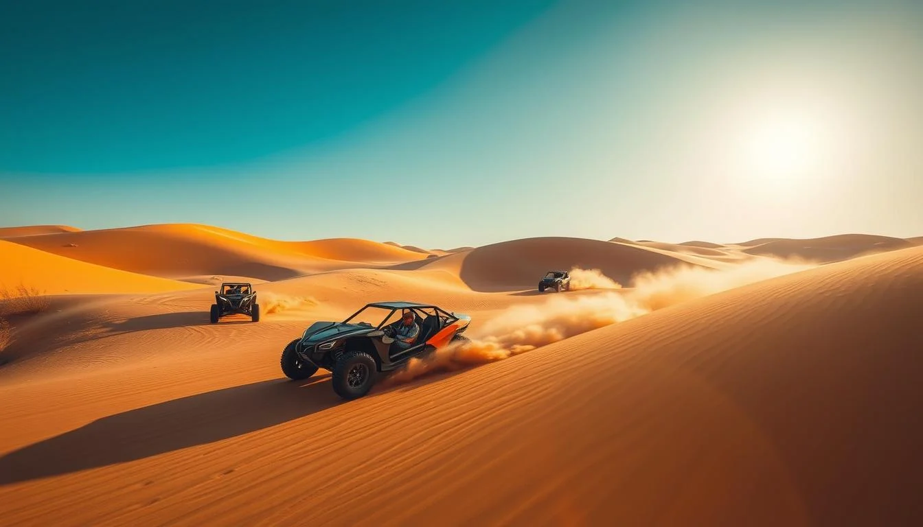 Dune buggies speeding across desert dunes and kicking up sand on a Dubai buggy tour