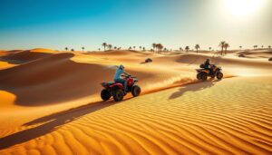 Two riders on ATVs crossing golden Dubai desert dunes with palm trees and buggies in the distance
