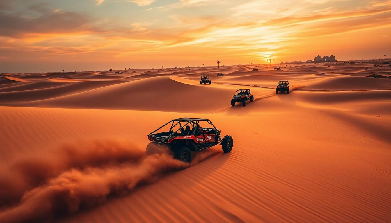 Tourists riding dune buggies across the vast, golden dunes of the Dubai desert under a clear blue sky