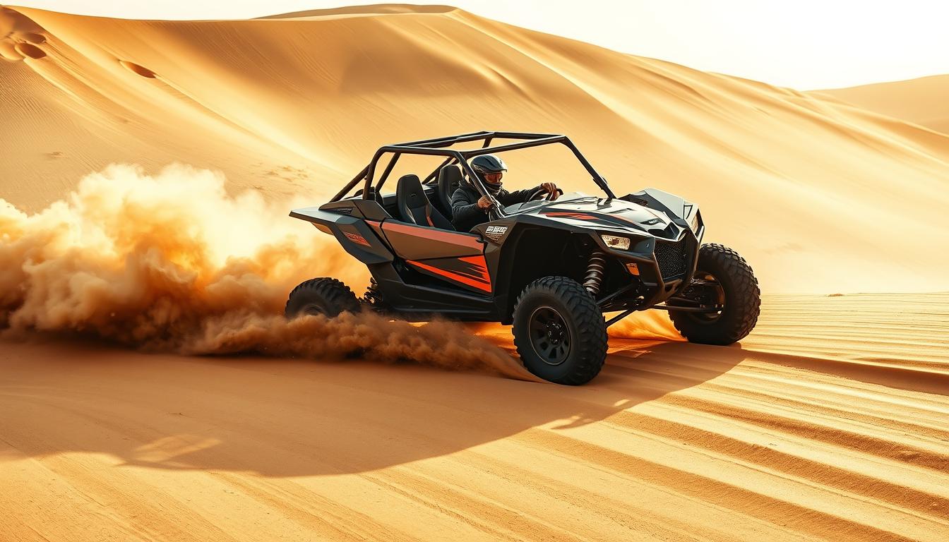 Helmeted driver in a dune buggy sliding across a sand dune in a cloud of dust on a Dubai tour