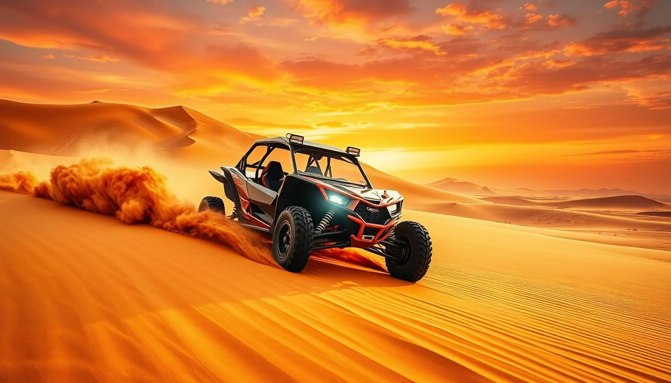 Tourists riding dune buggies across red Dubai dunes at sunset, kicking up sand as they navigate the challenging terrain