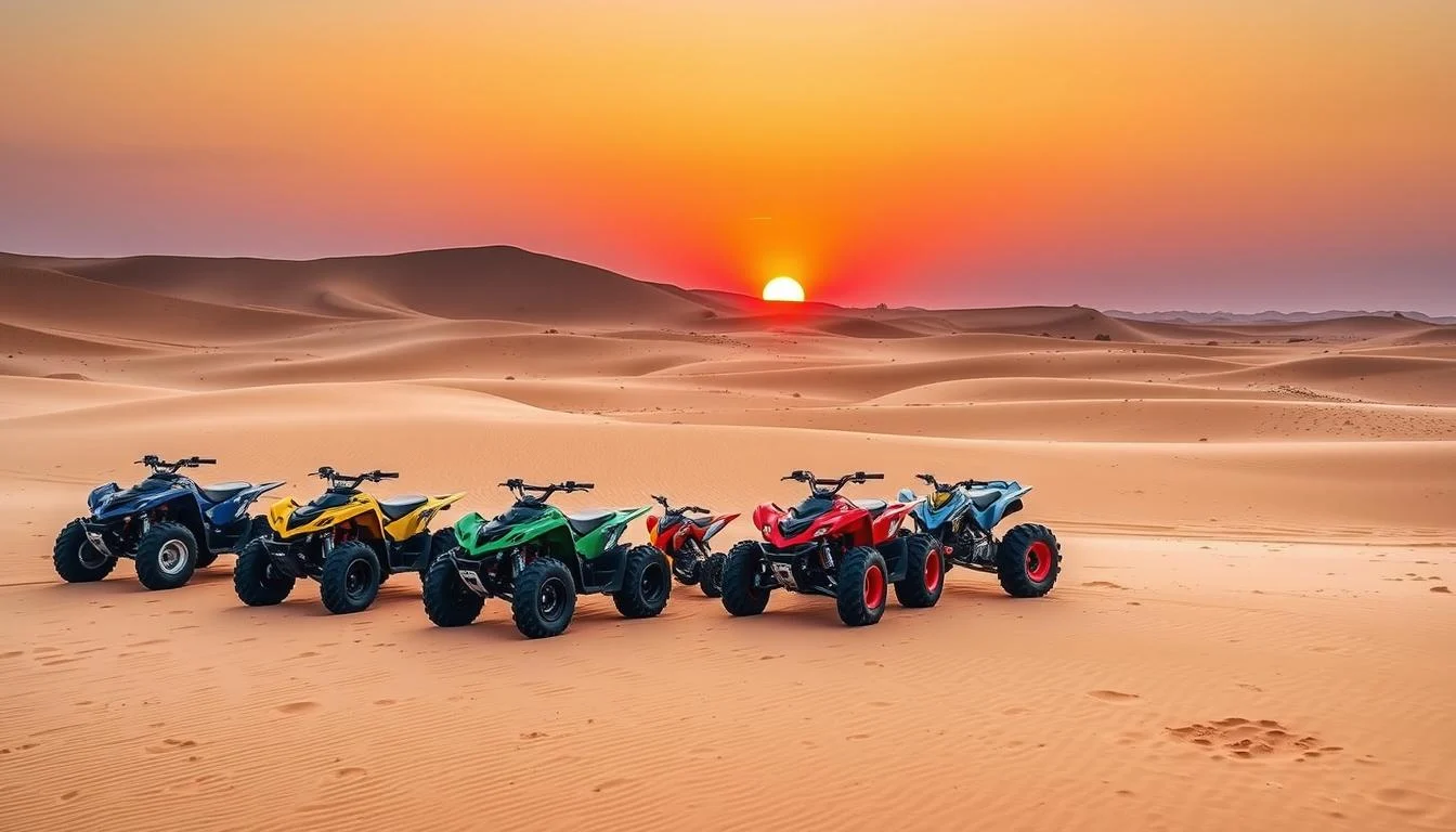 Tourists riding quad bikes across the vast, sun-kissed dunes of the Dubai desert at sunset, kicking up sand