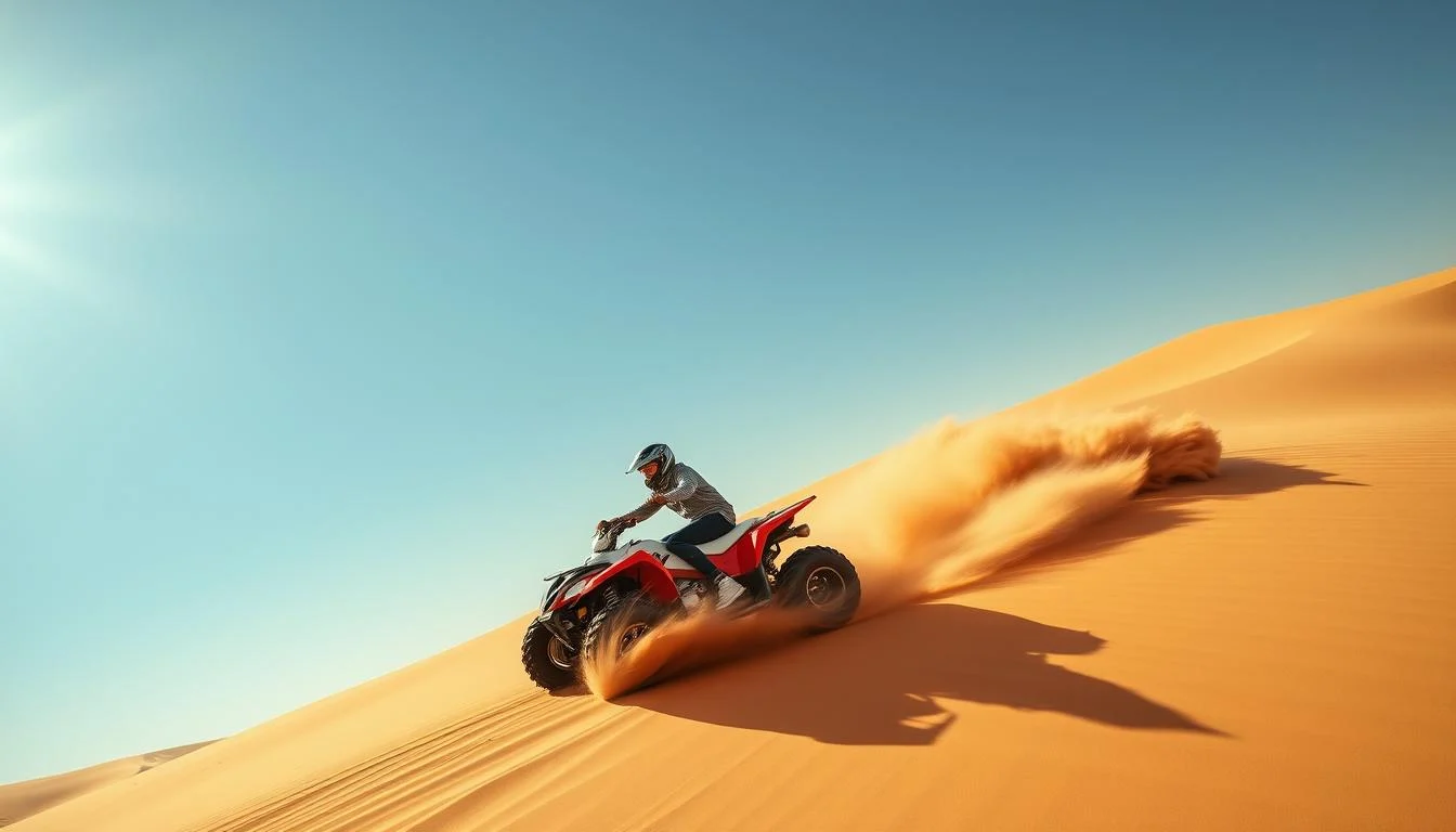 Tourists riding quad bikes across golden Dubai desert dunes, kicking up sand under a clear blue sky