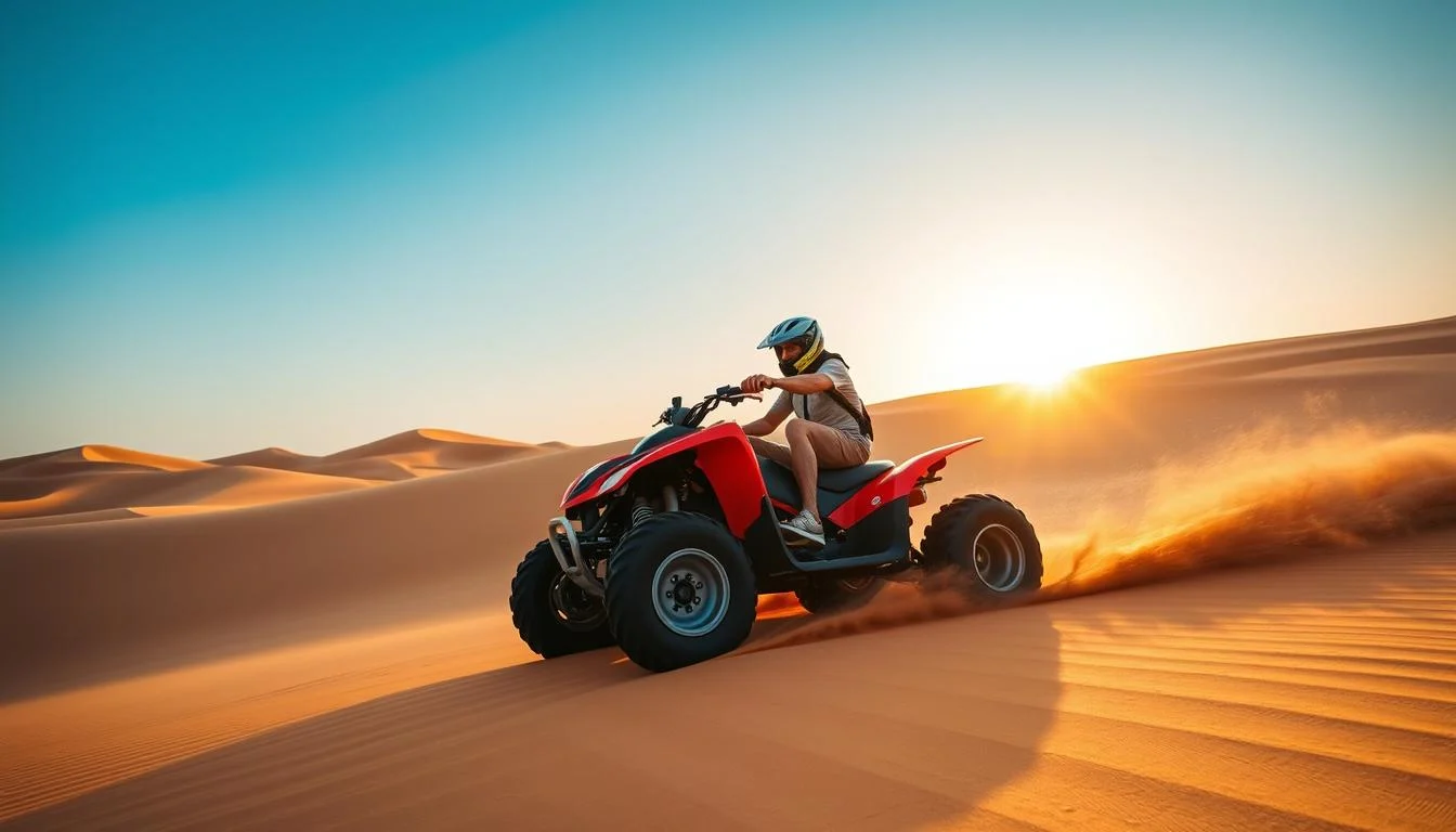 Tourists riding quad bikes across the golden sand dunes of the Dubai desert at sunset, kicking up sand