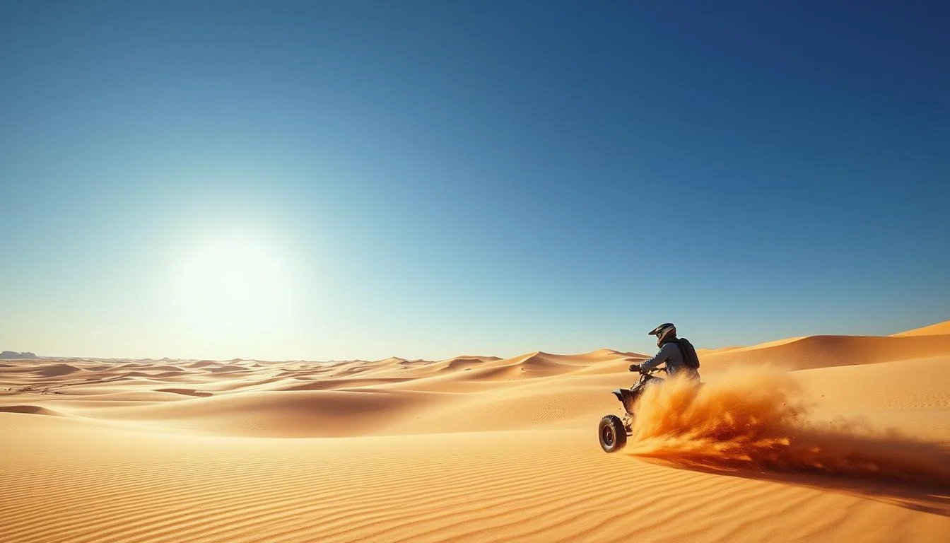 Tourists riding quad bikes across red Dubai desert dunes at sunset, kicking up sand as they navigate the challenging terrain