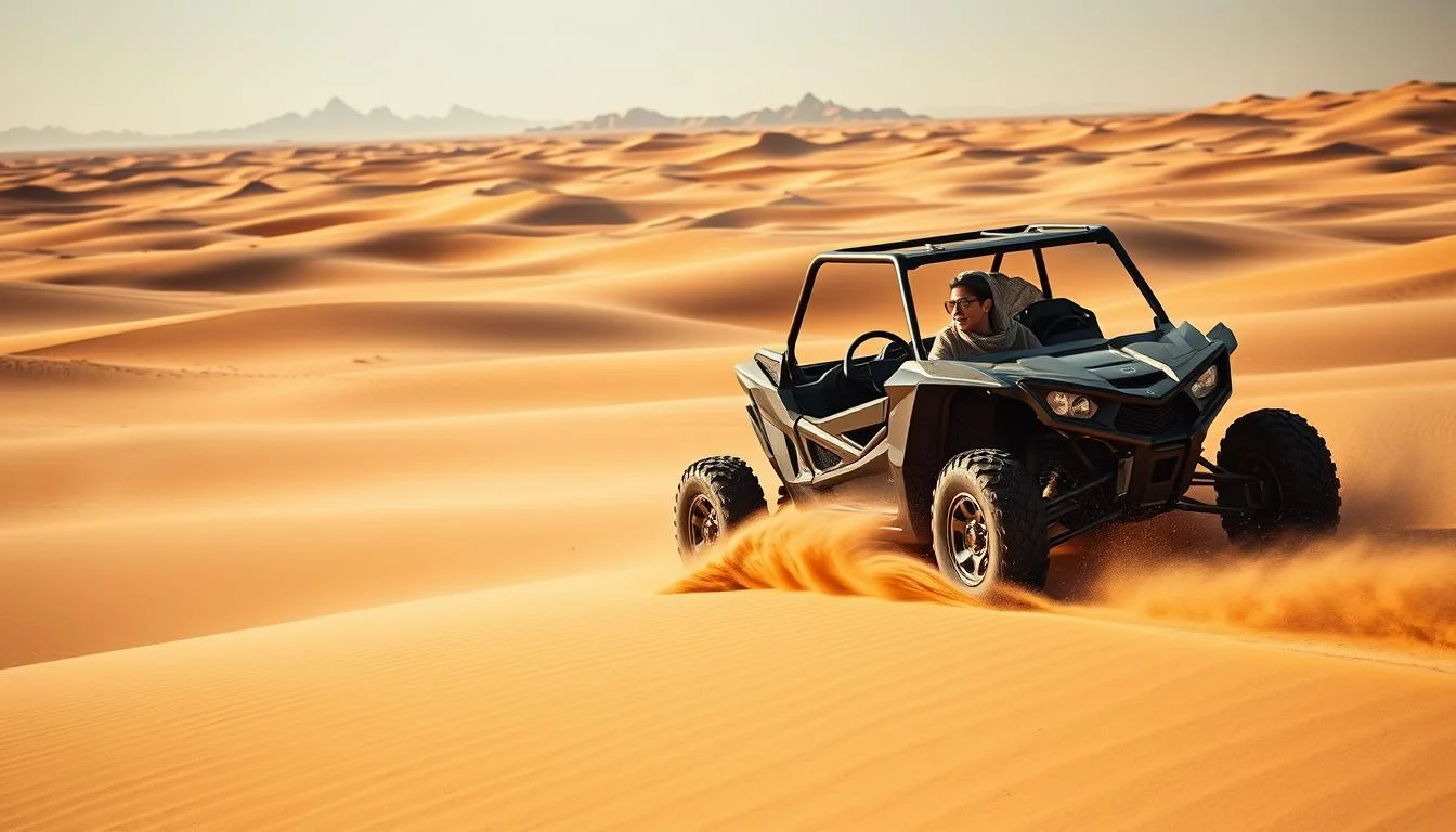 Tourists riding dune buggies across red Dubai sand dunes at sunset, kicking up sand as they navigate the challenging terrain