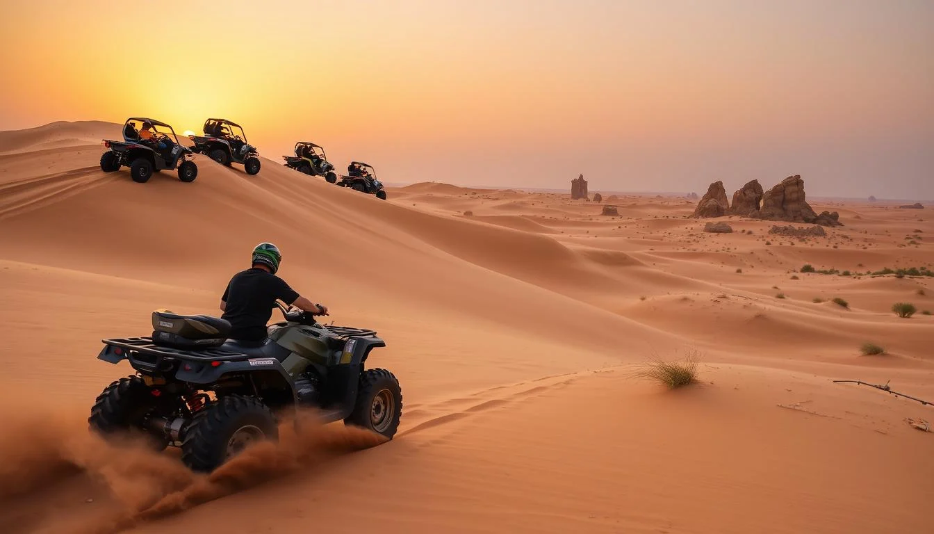 Tourists riding quad bikes and dune buggies across the vast, sun-kissed golden dunes of Dubai desert at sunset