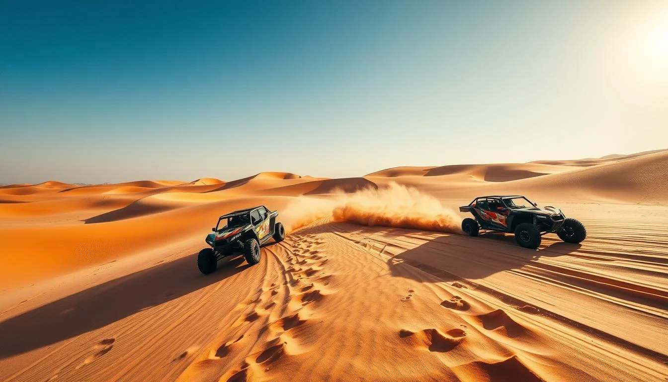 Tourists driving custom-built dune buggies across the vast, sunny desert dunes of the UAE, with clear skies above