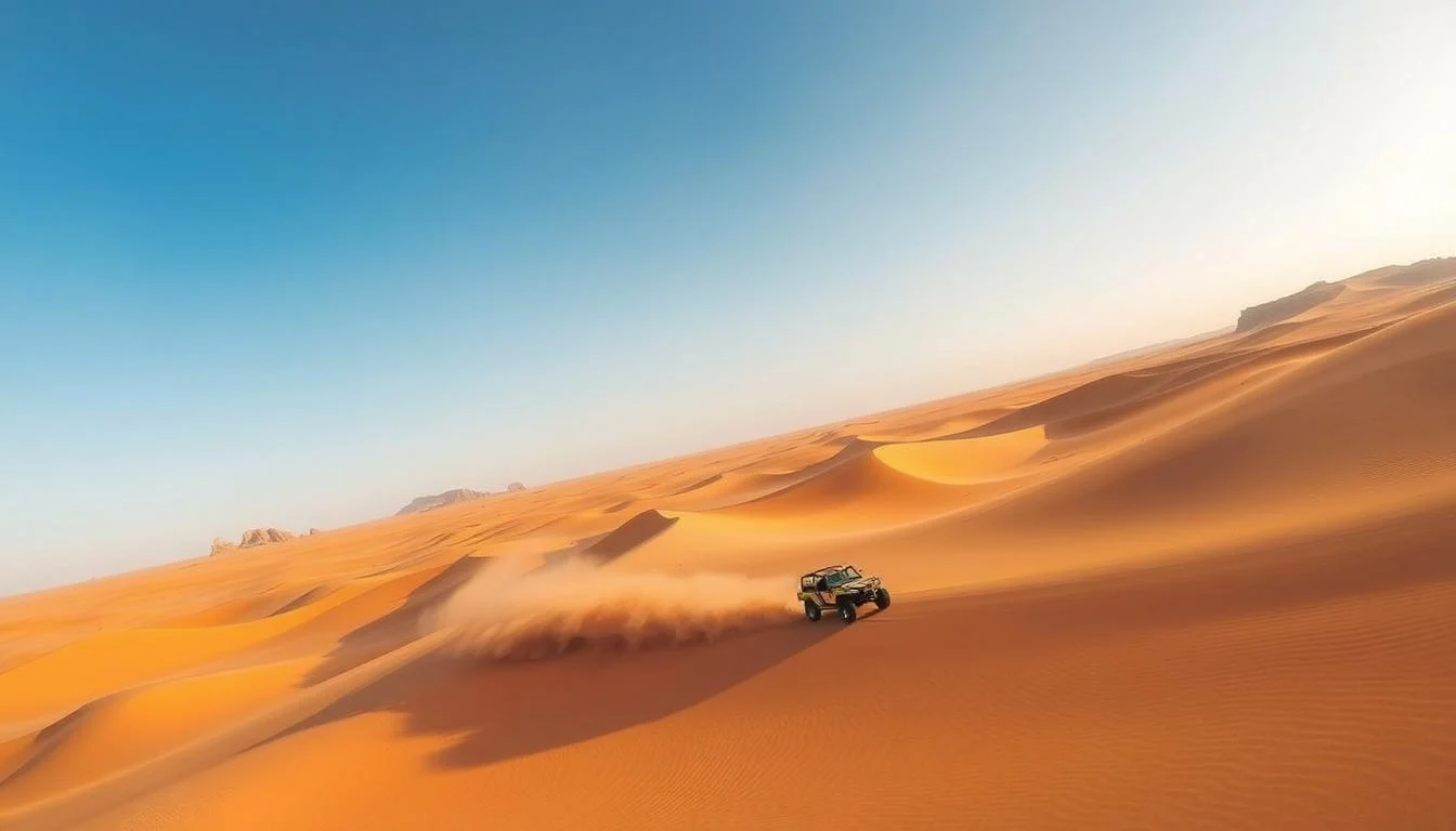 Tourists driving powerful dune buggies across the vast, golden desert dunes of Dubai under a clear sky