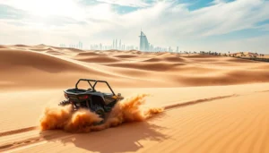 Tourists driving dune buggies across the vast amber desert dunes of Dubai under a clear blue sky
