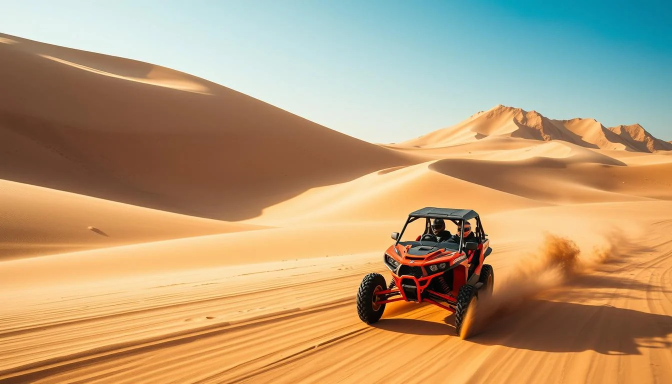 Tourists driving powerful dune buggies across the vast, sunny dunes of the Dubai desert, kicking up sand