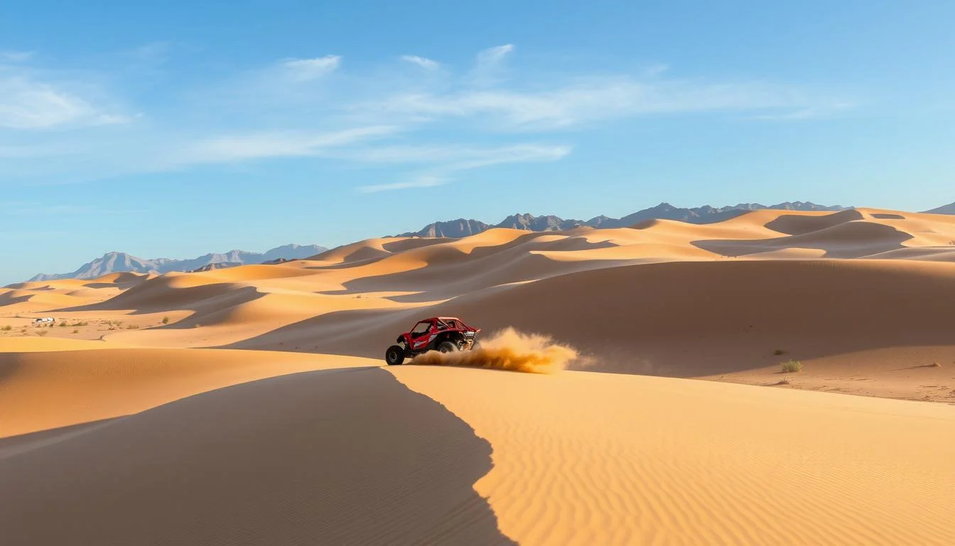 Tourists driving dune buggies across sunlit red Dubai desert dunes, kicking up sand and enjoying the thrill of off-roading