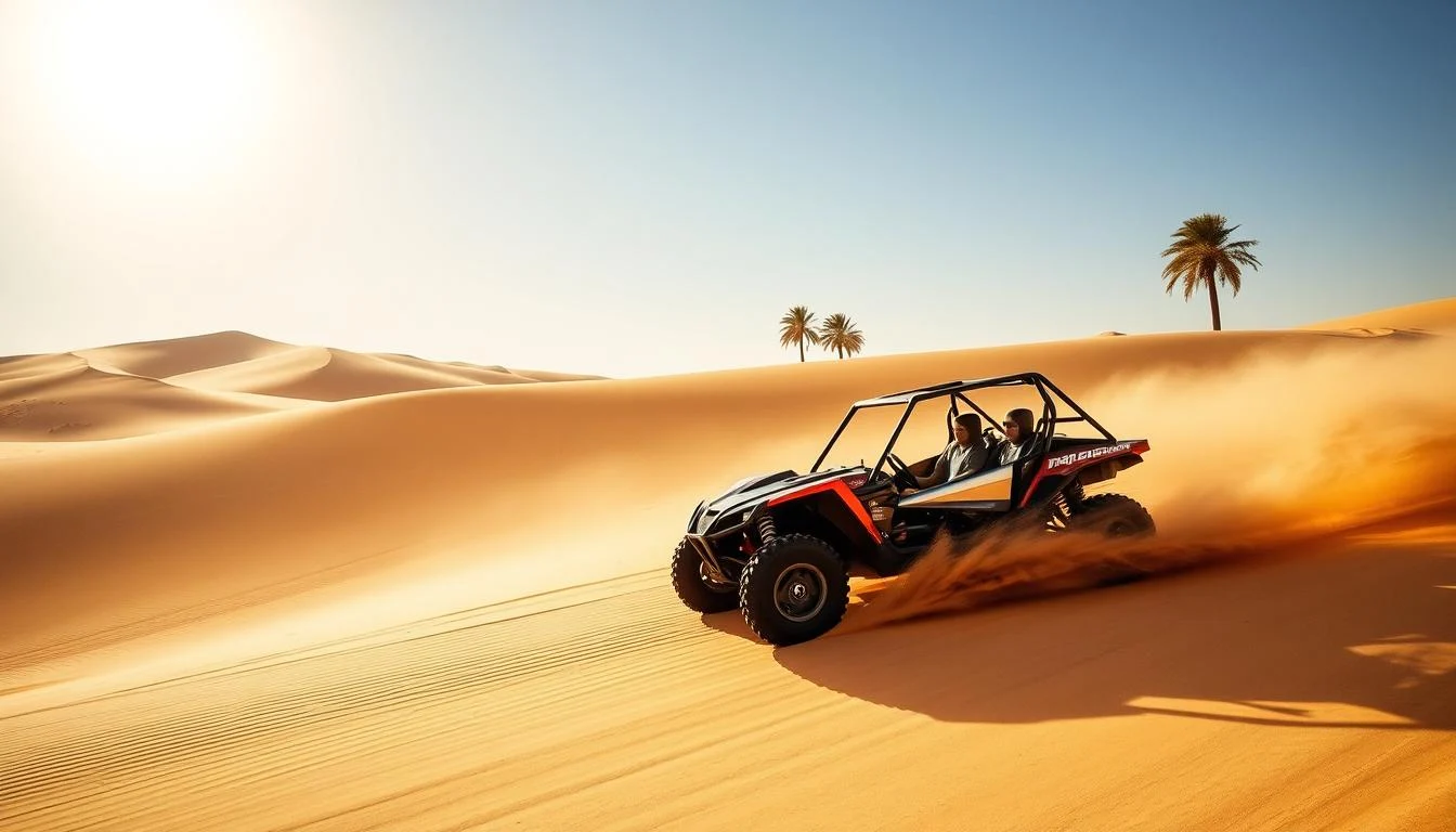 Tourists riding dune buggies across the vast, sun-kissed red dunes of the Dubai desert, enjoying an adventurous off-road experience