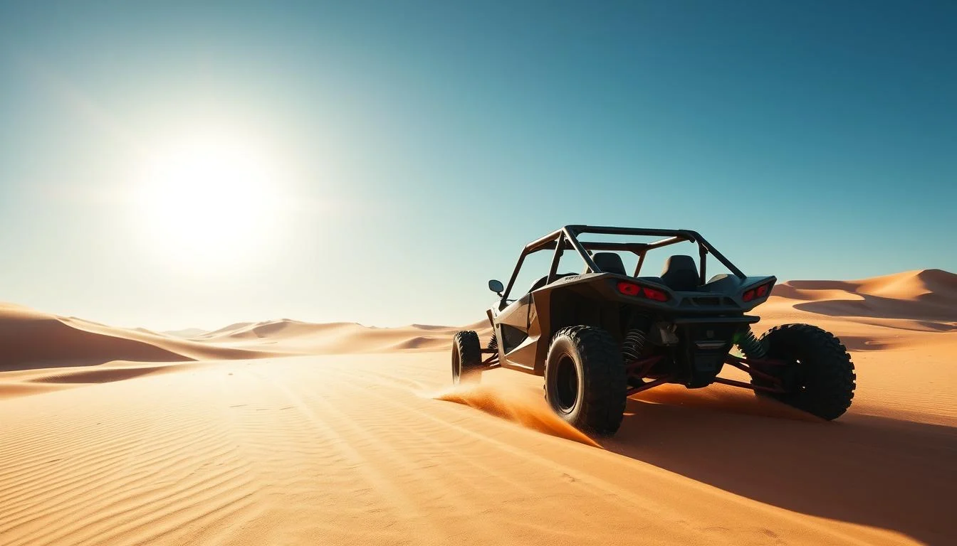 Tourists driving powerful dune buggies across the vast, sun-kissed desert dunes of Dubai during an adventure tour