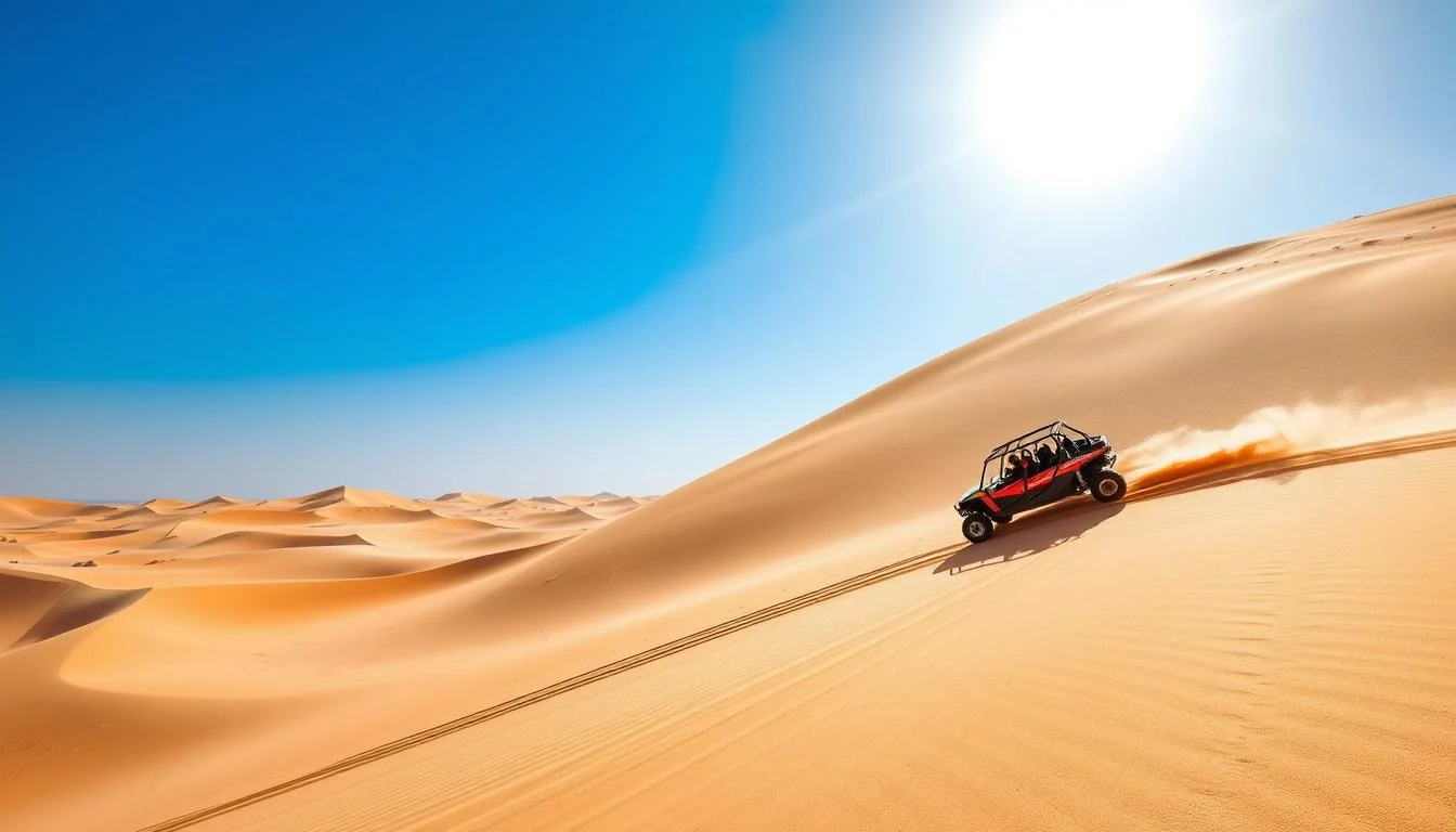 Tourists riding dune buggies across the vast golden sands of the Dubai desert at sunset, kicking up dust and enjoying the thrill