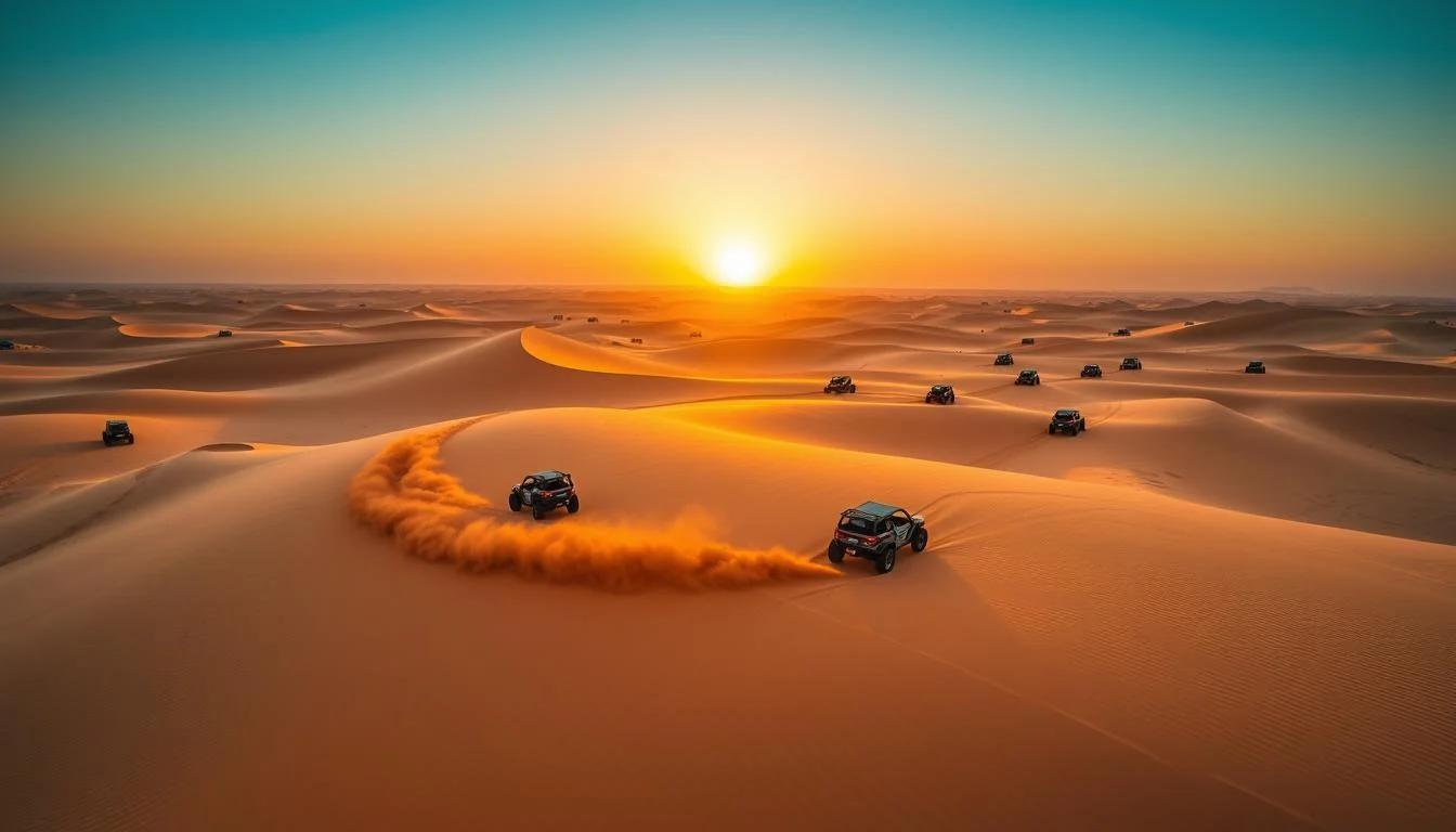 Tourists driving dune buggies through the golden sand dunes of the Arabian desert in Dubai under a clear sky