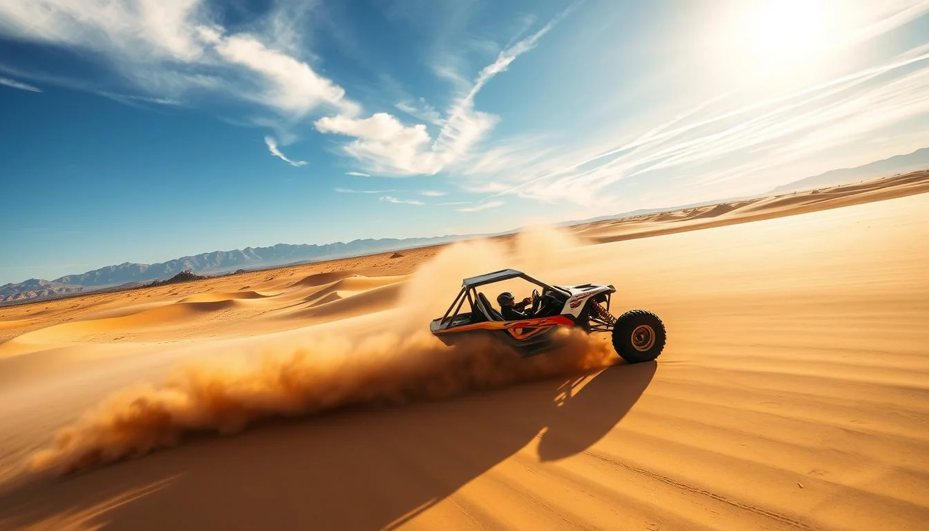 Tourists driving dune buggies across vast, sunny desert dunes, kicking up sand as they navigate challenging terrains